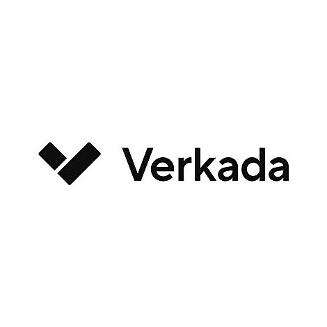 Schwarzes Logo der Firma Verkada auf weißem Hintergrund mit abstraktem V-Symbol.