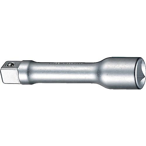 Metall-Verlängerung für Werkzeug, silberfarben. Auf der einen Seite ein Vierkant, auf der anderen Seite ein Sechskant.