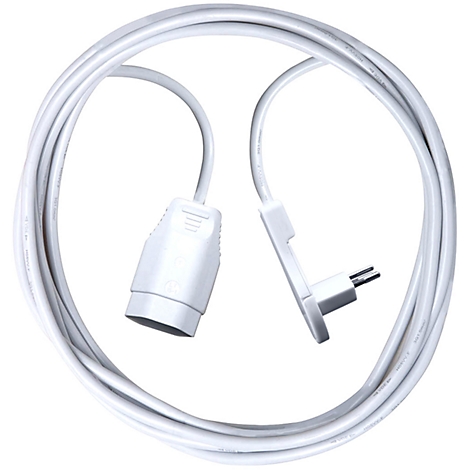 Ein weisses Verlängerungskabel mit einem Stecker an einem Ende und einer Buchse am anderen Ende.