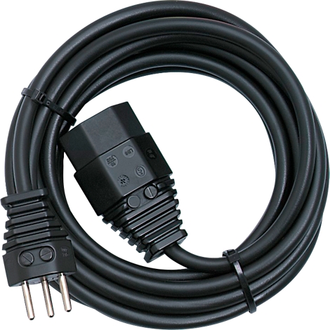 Schwarzes Netzkabel, gerollt. Stecker und Kupplung sind ebenfalls schwarz.