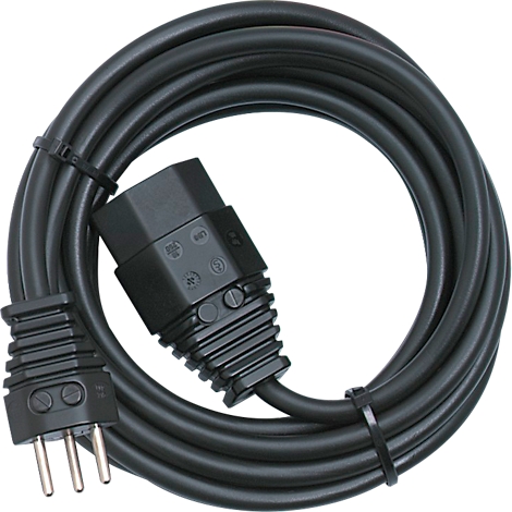 Schwarzes Netzkabel mit Kaltgeräte- und Eurostecker, Kabel mit Kabelbinder fixiert.