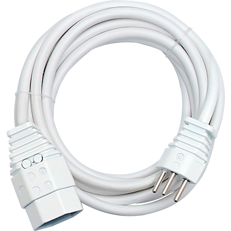 Weisses Stromkabel mit Eurostecker, in Spiralen gelegt.