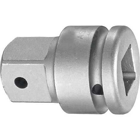 Een metalen, zilveren dopsleuteladapter. Het toont een vierkant uiteinde, een rond uiteinde met een gat en een gewricht.