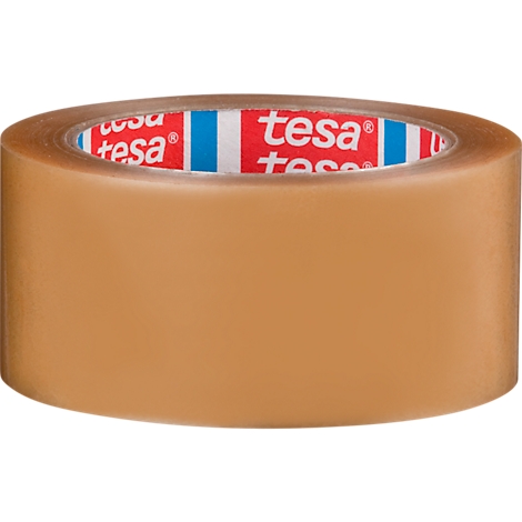 Een rol bruine verpakkingstape met het rode Tesa-logo.