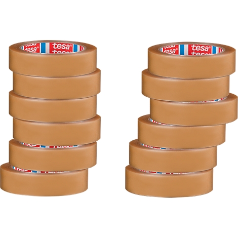 Twee stapels bruine plakband. Op elke tape staat "tesa".