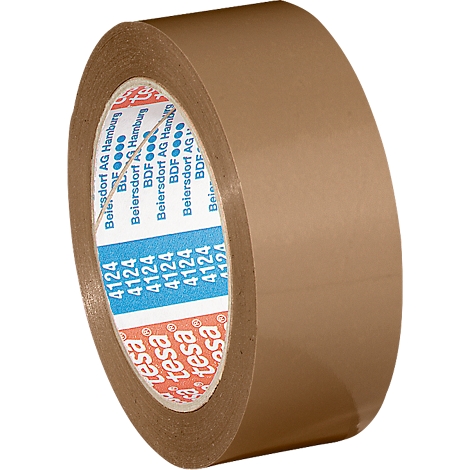 Bruine tape, gedeeltelijk afgerold. Op de kern staat 'tesa' en andere tekst.