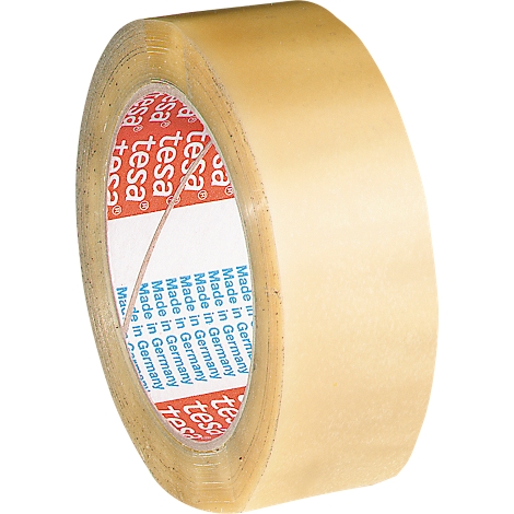 Een rol transparante tape met een rode binnenkern, met de merknaam 'tesa'.