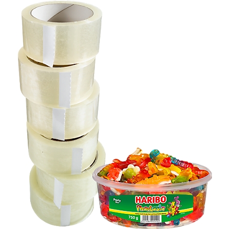 Stapel plakband en een bakje met kleurrijke gummy snoepjes.