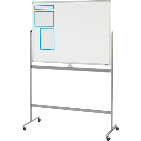 Mobiel whiteboard met blauwe rechthoeken. Grijs frame, wit bord, voor presentaties.