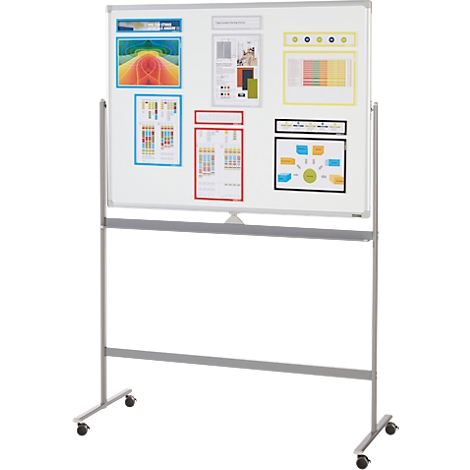 Wit mobiel whiteboard op wielen, uitgerust met kleurrijke grafieken en notities.