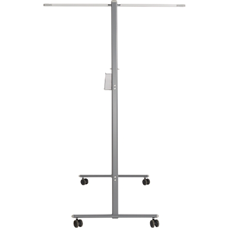 Grijze, mobiele standaard met wielen en horizontale stang.