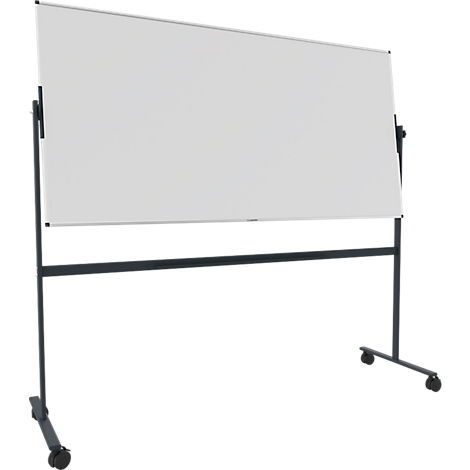 Wit, draaibaar whiteboard op een zwart, rollend frame.