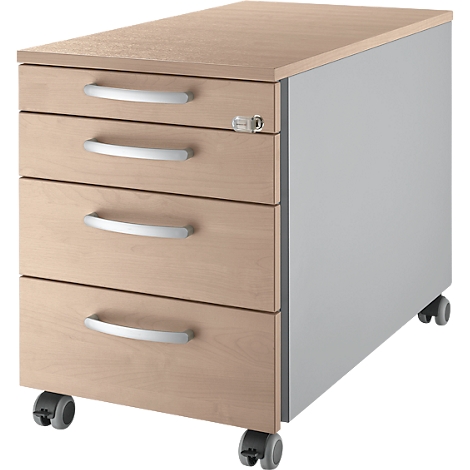 Rolcontainer in houtlook met vier laden, zilverkleurige handgrepen en wielen. Rechts: grijs zijpaneel.