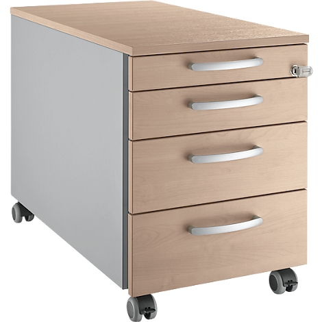 Mobiele houten rolcontainer met vier lades, zilveren handgrepen en wielen.