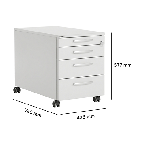 Witte roldock met vier laden, zilveren handgrepen en wieltjes. Afmetingen: 765 mm x 435 mm x 577 mm.