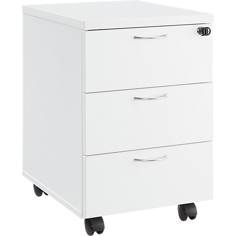 Witte archiefkast met drie lades, zilveren handgrepen en wielen.