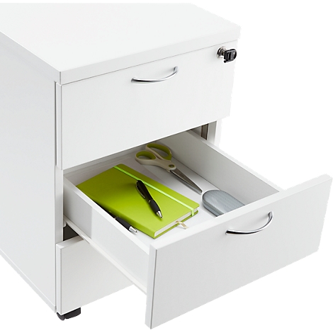 Witte rolcontainer met open lade: groen notitieboek, pen, schaar, muis.