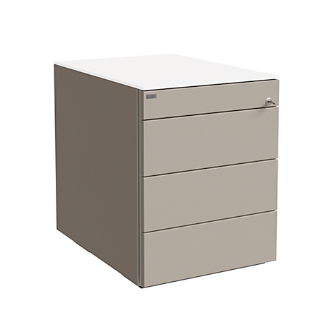 Rolcontainer met drie lades in beige en een witte bovenkant.