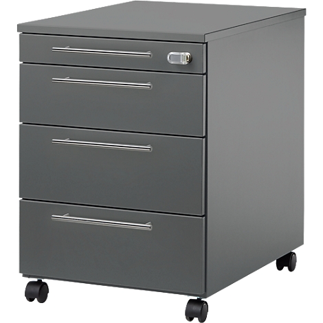Grijze rolcontainer met vier lades, zilveren handgrepen en wielen.