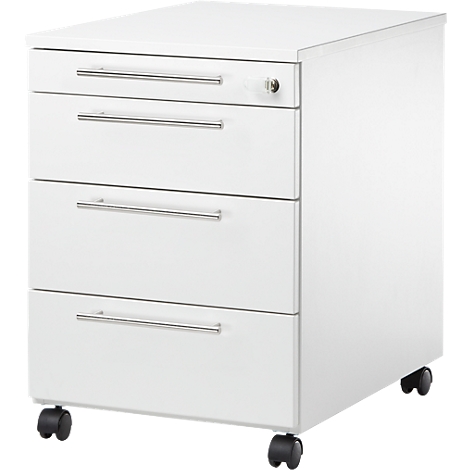 Witte, rolbare bureaucontainer met drie laden en zilveren handvatten.