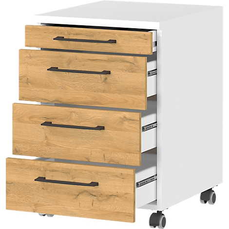 Witte roldeurkast met vier lades. De lades zijn gemaakt van hout in eikenlook, met zwarte handgrepen.