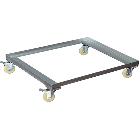 Metalen transportkar met vier wielen, vierkant frame.