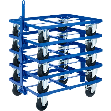 Blauwe kar met vier niveaus, wielen en beugel om te trekken.