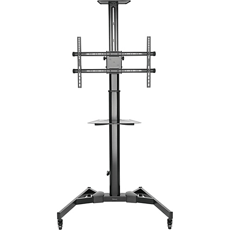 Zwarte, rollende tv-standaard met een scherm met een berglandschap. Er zit een kleine plank onder.