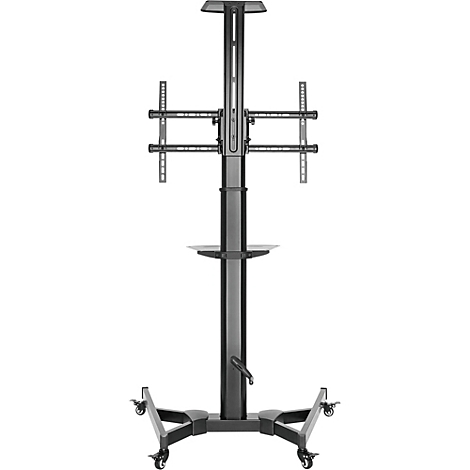 Een zwarte monitorstandaard met grijze arm en plank. De monitor is schuin afgebeeld.