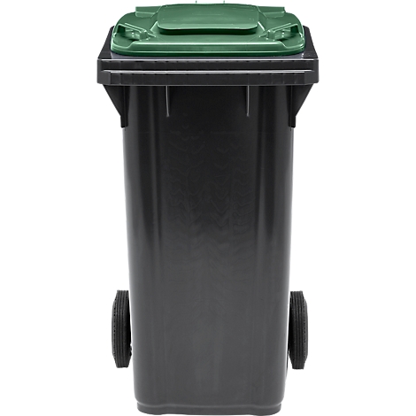 Zwarte vuilnisbak met groene deksel, twee wielen en handvatten. De bak staat op een witte achtergrond.
