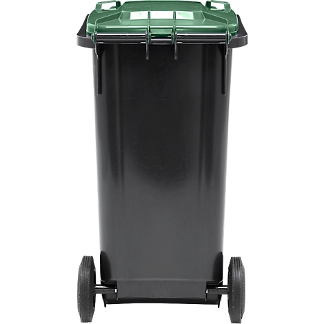 Zwarte vuilnisbak met groen deksel. Hij staat rechtop, de wielen zijn zichtbaar.