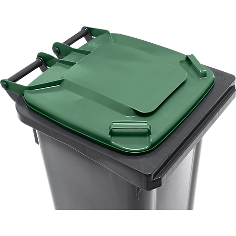 Groene vuilnisdeksel op grijze vuilnisbak. Zwarte handvatten en dekselhouder.