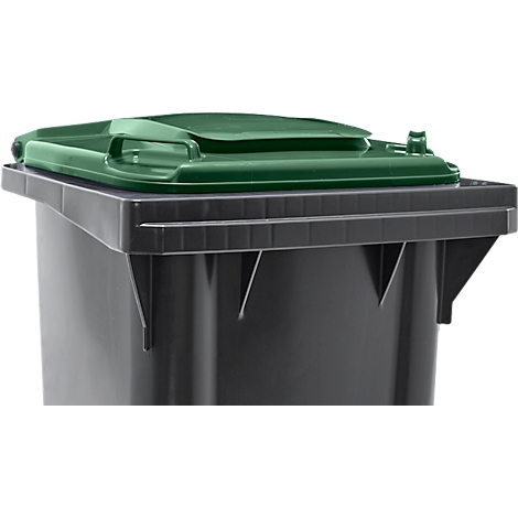 Een groene vuilnisbak met deksel en antracietkleurige behuizing tegen een witte achtergrond.