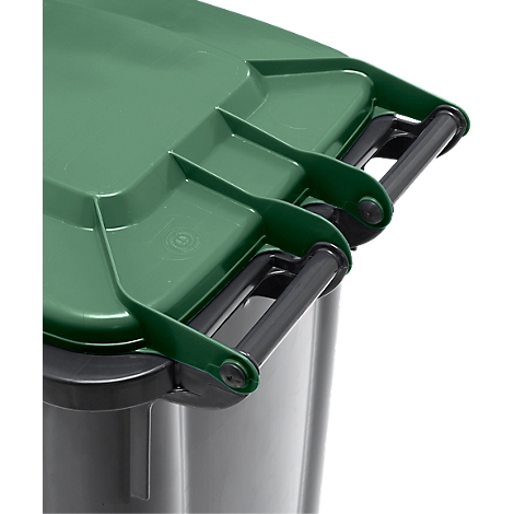 Groen deksel met handvatten van een vuilnisbak, close-up.