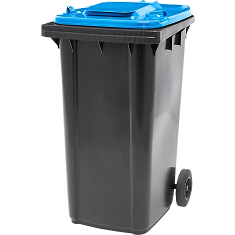 Grijze vuilnisbak met blauw deksel en wiel.