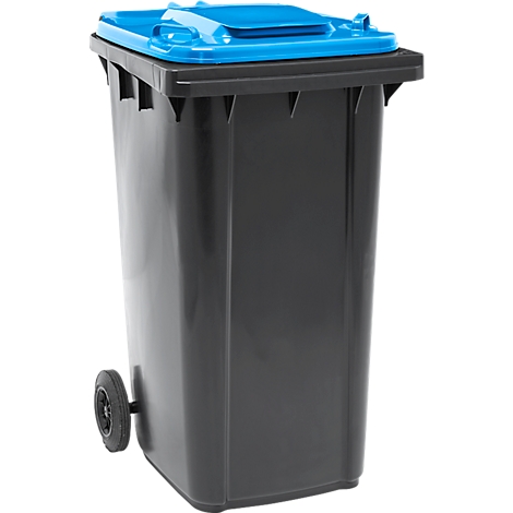 Zwarte vuilnisbak met blauw deksel en wielen.
