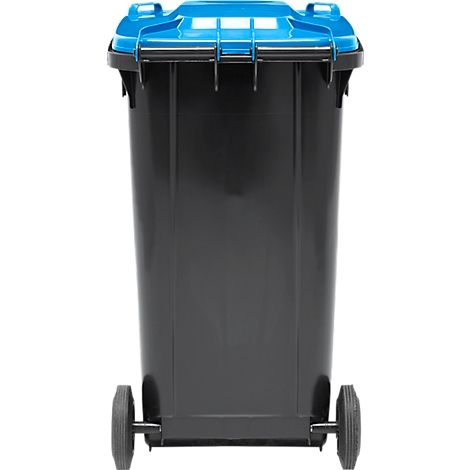 Zwarte vuilnisbak met blauw deksel. Hij staat op twee wielen.