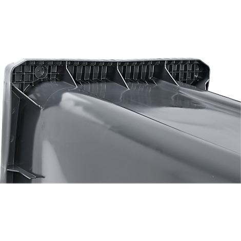 Detailopname van een grijze plastic container. De bovenrand vertoont een gestructureerde uitsparing met verticale spijlen.