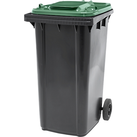 Zwarte vuilnisbak met groen deksel, staat op twee wielen.