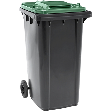 Zwarte vuilnisbak met groen deksel en wielen.