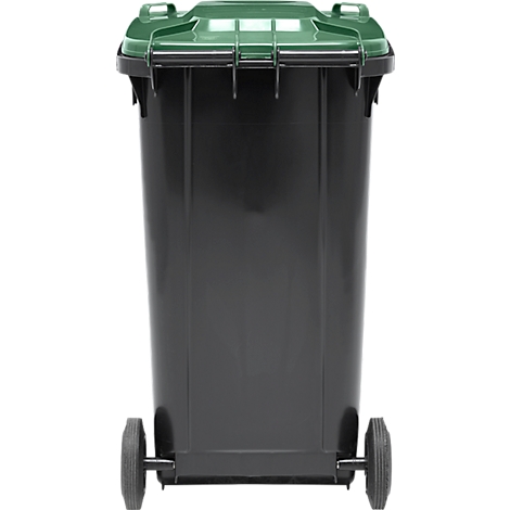 Zwarte vuilnisbak met groen deksel. Twee wielen aan de onderkant. Een gebruiksvoorwerp.