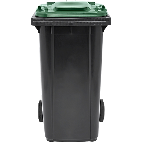 Zwarte vuilnisbak met groen deksel, twee wielen.