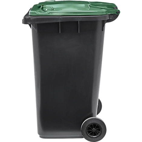 Zwarte vuilnisbak met groen deksel, twee wielen en een handvat om te trekken.