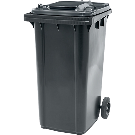 Een grijze vuilcontainer met een deksel en wielen.