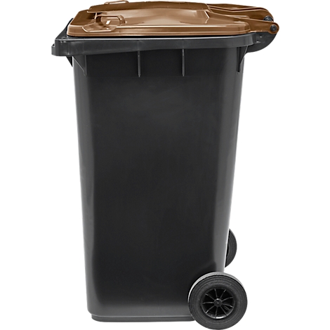 Zwarte vuilnisbak met bruin deksel en wielen. Perfect voor afvalverwerking.