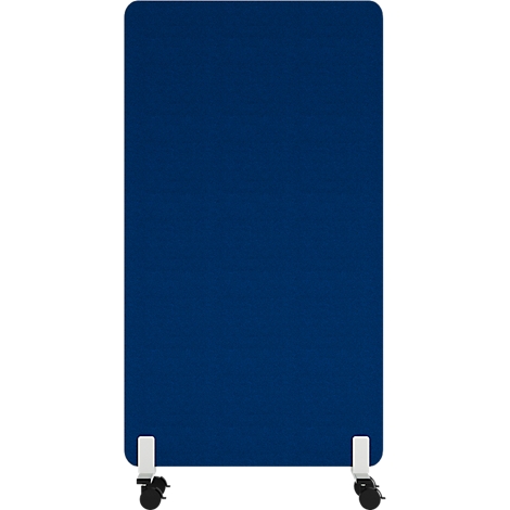 Blauw mobiel kamerscherm met witte poten en wielen.