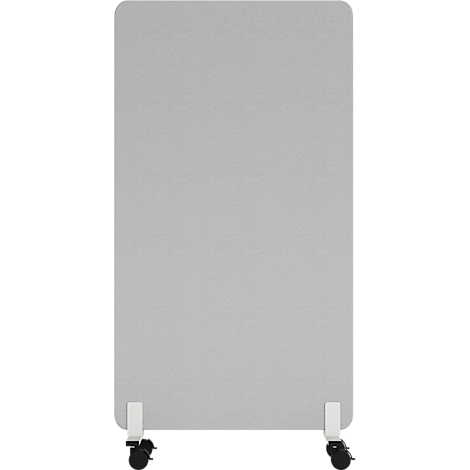 Grijze rechthoekige scheidingswand met afgeronde hoeken, op witte beugels met wielen.