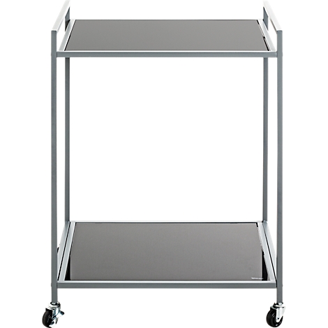 Metalen serveerwagen met twee planken en wielen.