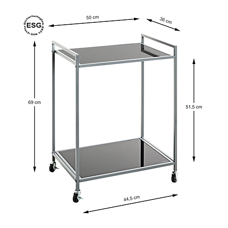 Dienbladwagen met zwarte glazen planken, grijs metalen frame en wieltjes, afmetingen met pijlen aangegeven.