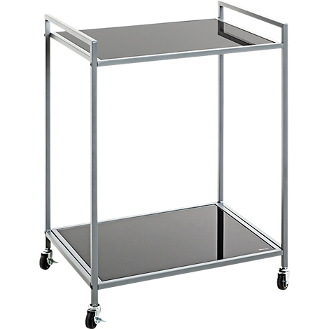 Serveertrolley met twee zwarte planken en een zilverkleurig frame op wielen.